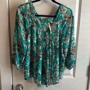 LC Lauren Conrad Teal Green Floral Peasant Blouse
